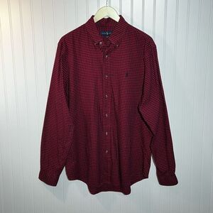 Ralph Lauren Classic Fit Button Down Shirt Men Large Red Blue Check Long Sleeve